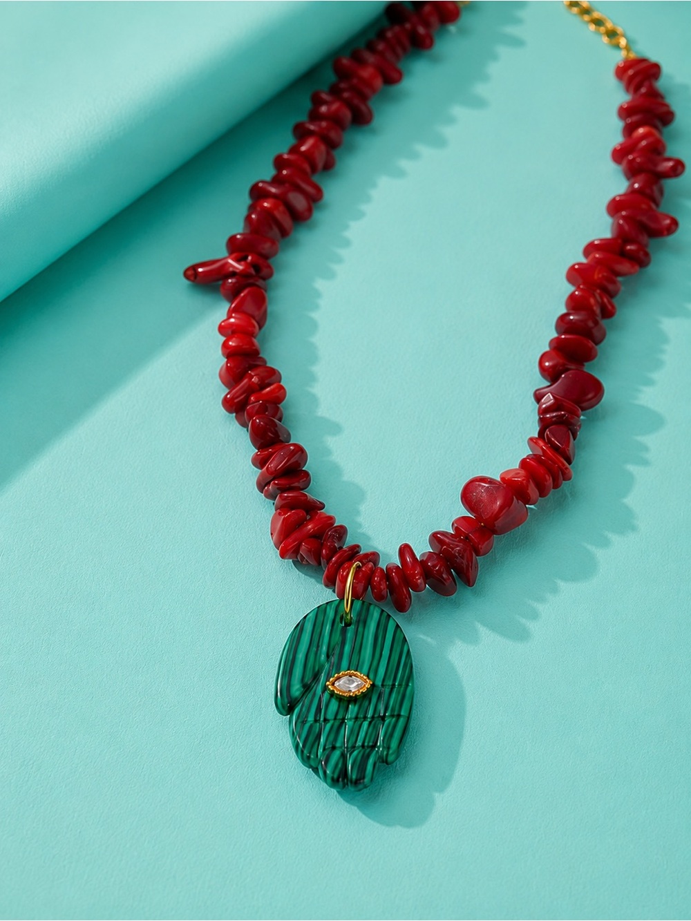 Artisan Red Coral Hamsa Green Malachite Pendant Necklace